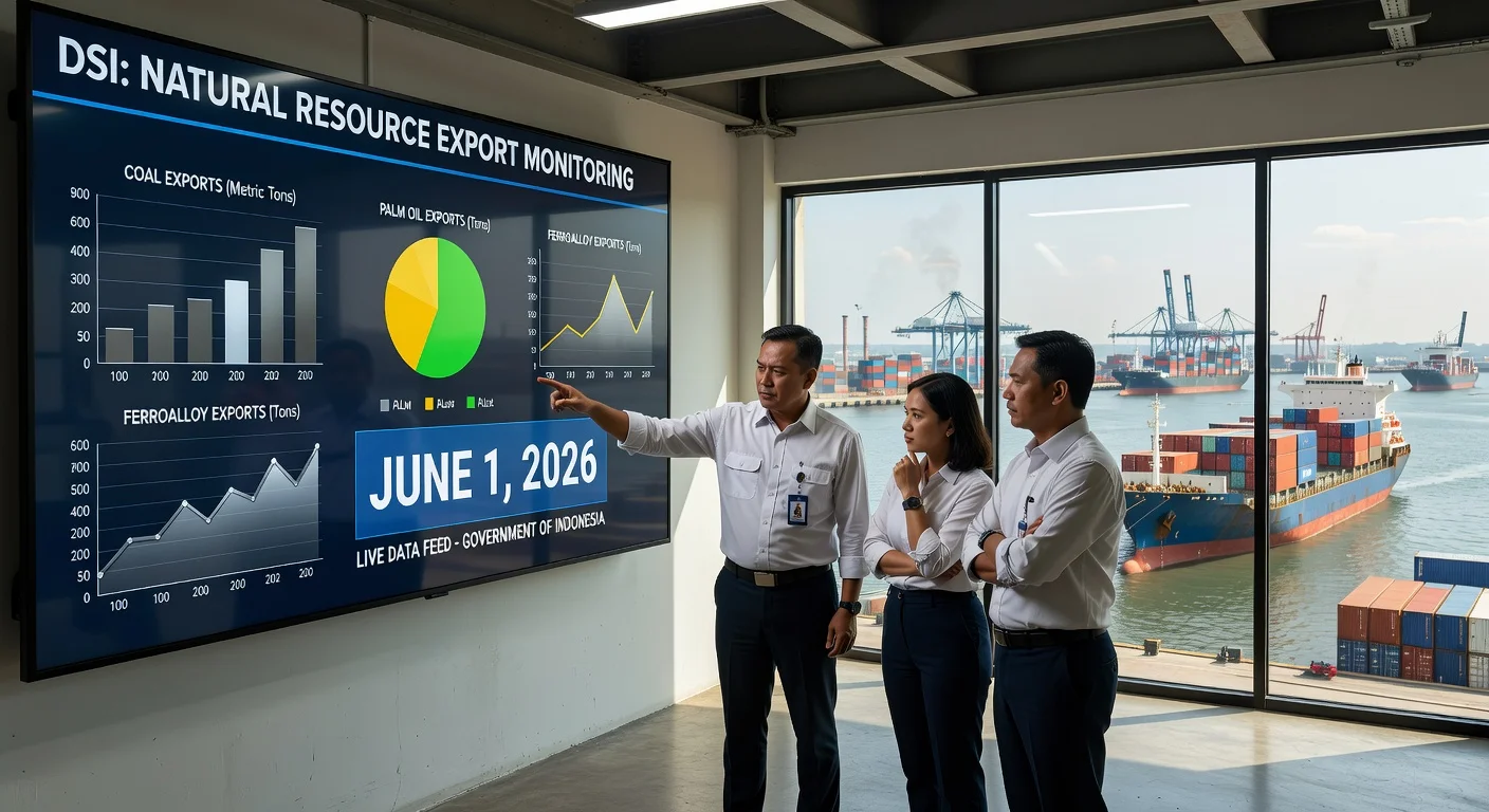 Illustration of Indonesian officials overseeing export reporting for coal, palm oil, and ferroalloy under new DSI regulations starting June 2026.