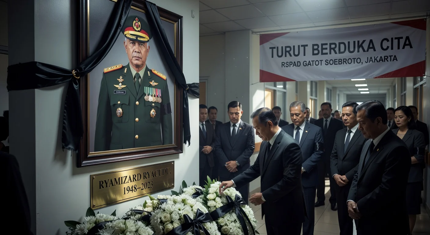 Illustration of the passing of former defense minister Ryamizard Ryacudu, showing a solemn hospital memorial scene.