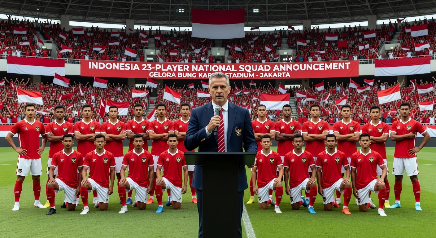 Indonesia national football team squad announcement with coach at the stadium