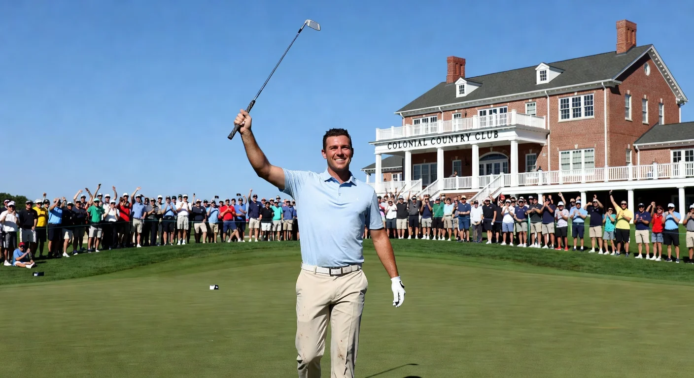 Russell Henley celebrating his Charles Schwab Challenge playoff win on the golf course.