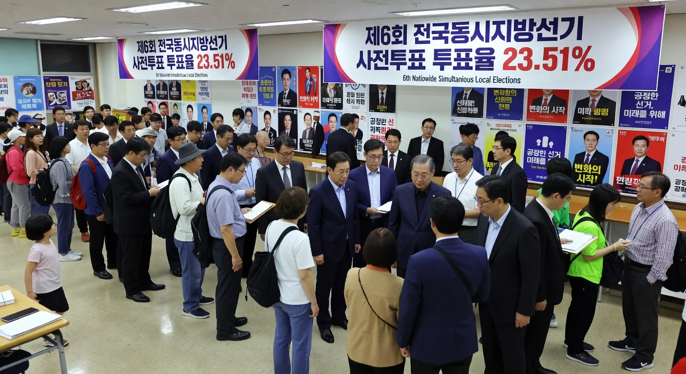 Crowded polling station with voters and President Lee Jae Myung during record early voting turnout for local elections.