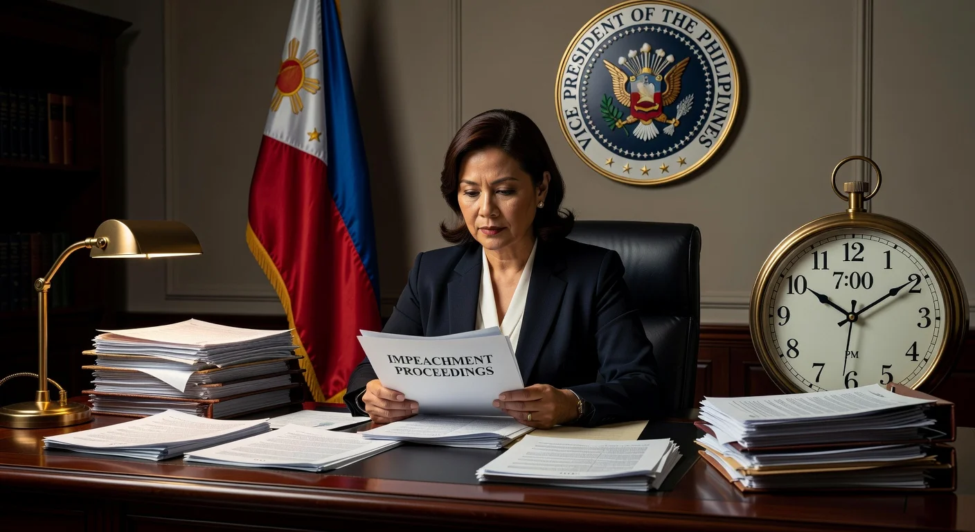 Vice President Sara Duterte preparing her formal response to impeachment articles at her desk before the 7 PM deadline