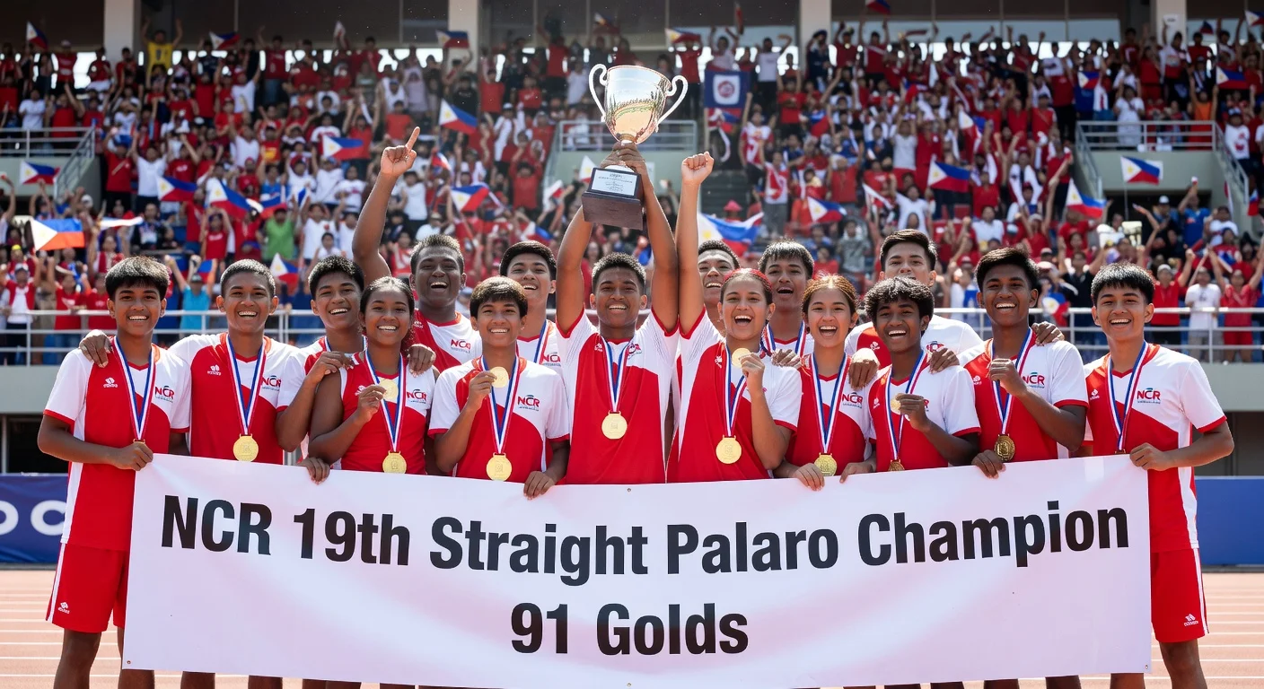 NCR athletes celebrating Palaro victory with gold medals and trophy in stadium