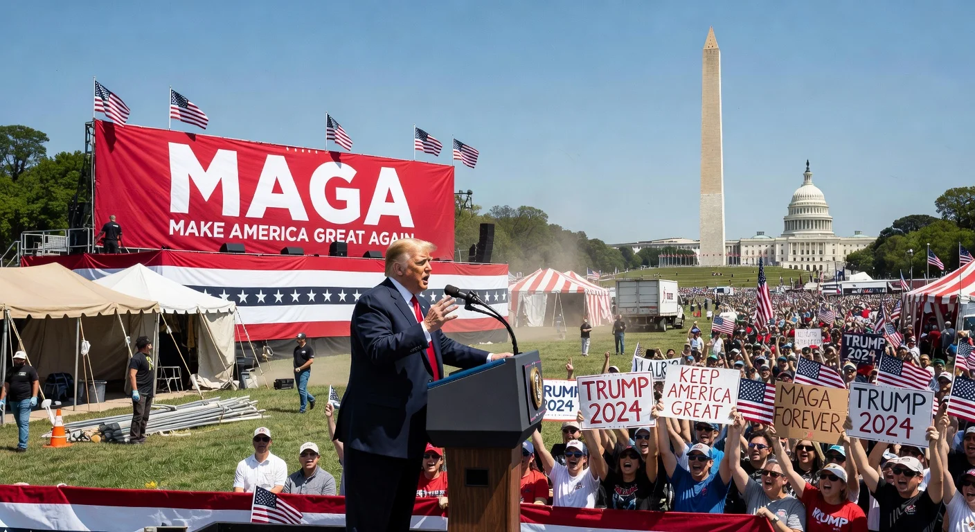 Illustration of Trump at a MAGA rally on the National Mall after artists withdraw from a state fair event.