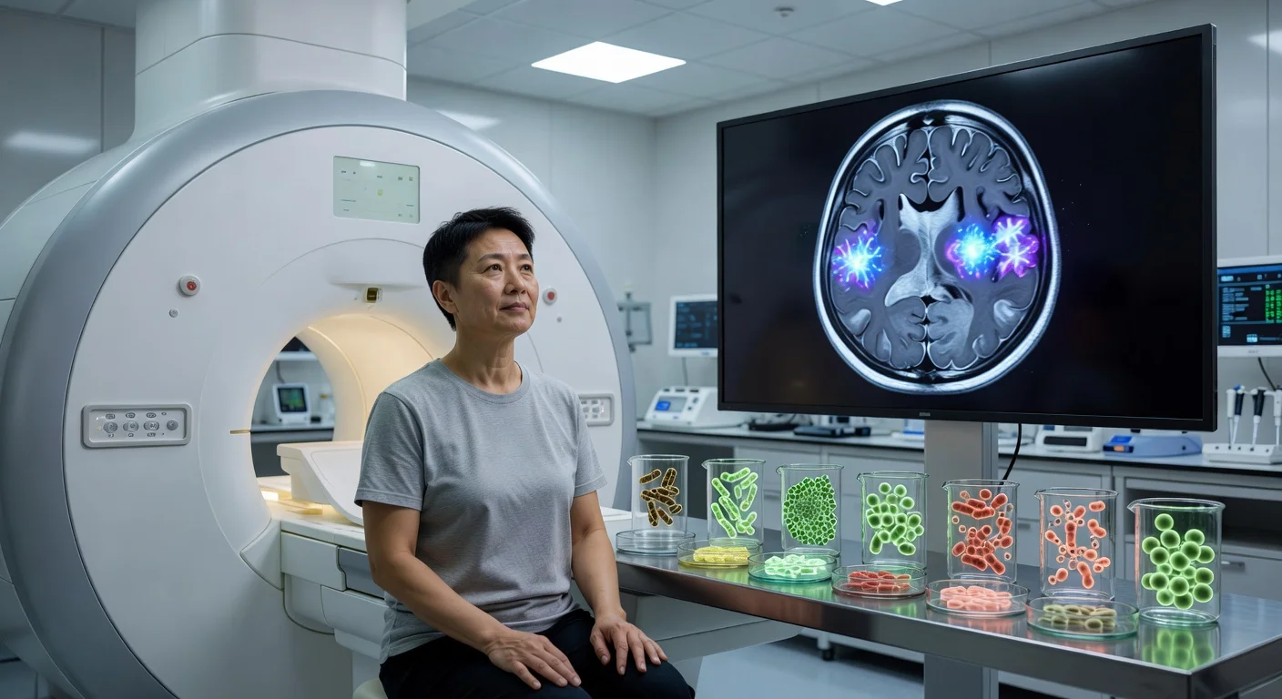 Illustration of a study participant with brain scans and gut bacteria visuals related to intermittent fasting research.