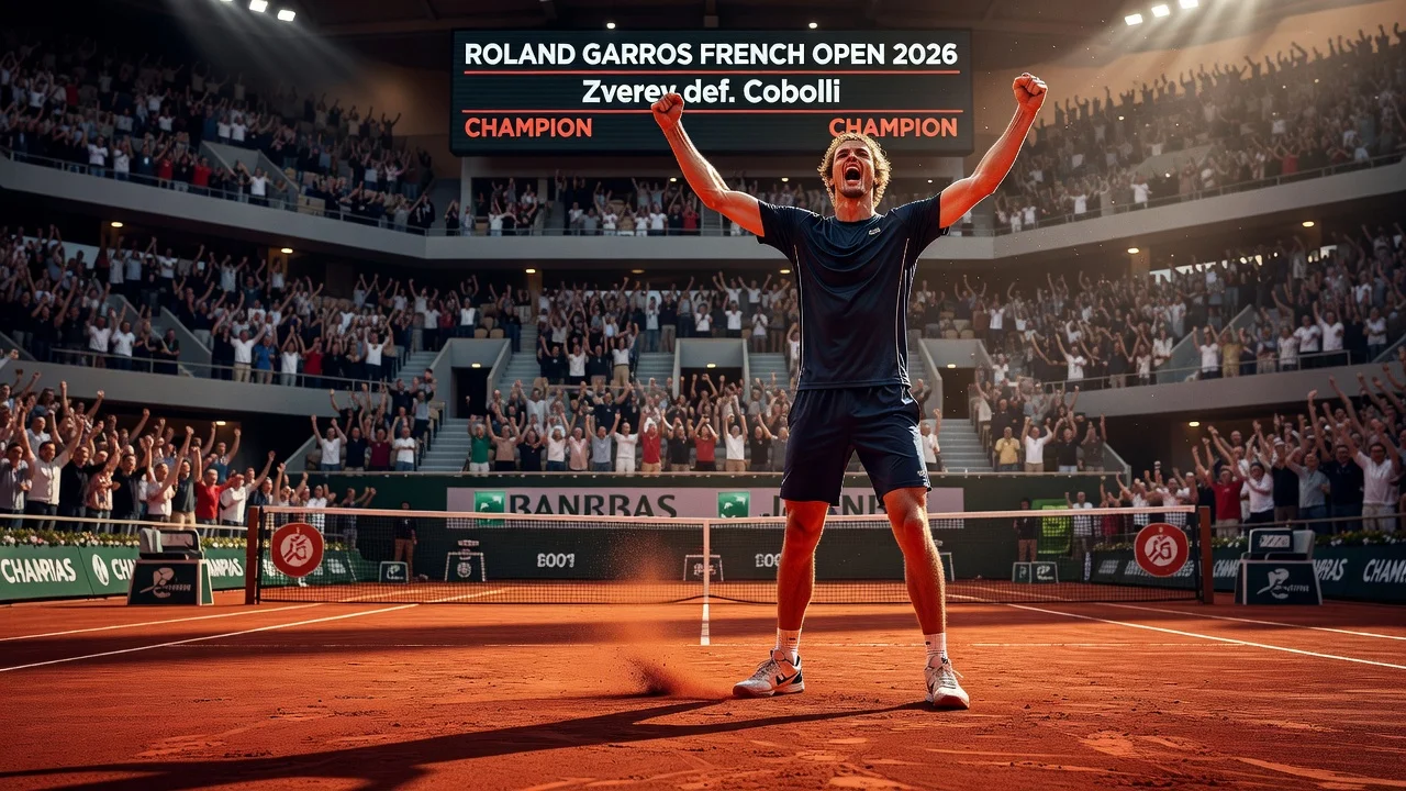 Alexander Zverev celebrating his French Open victory on the clay court.