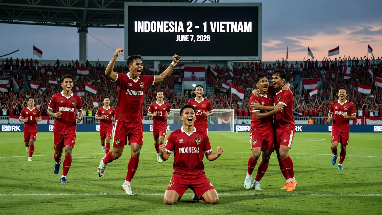 Indonesia U-19 football players celebrating their semifinal qualification after defeating Vietnam 2-1.