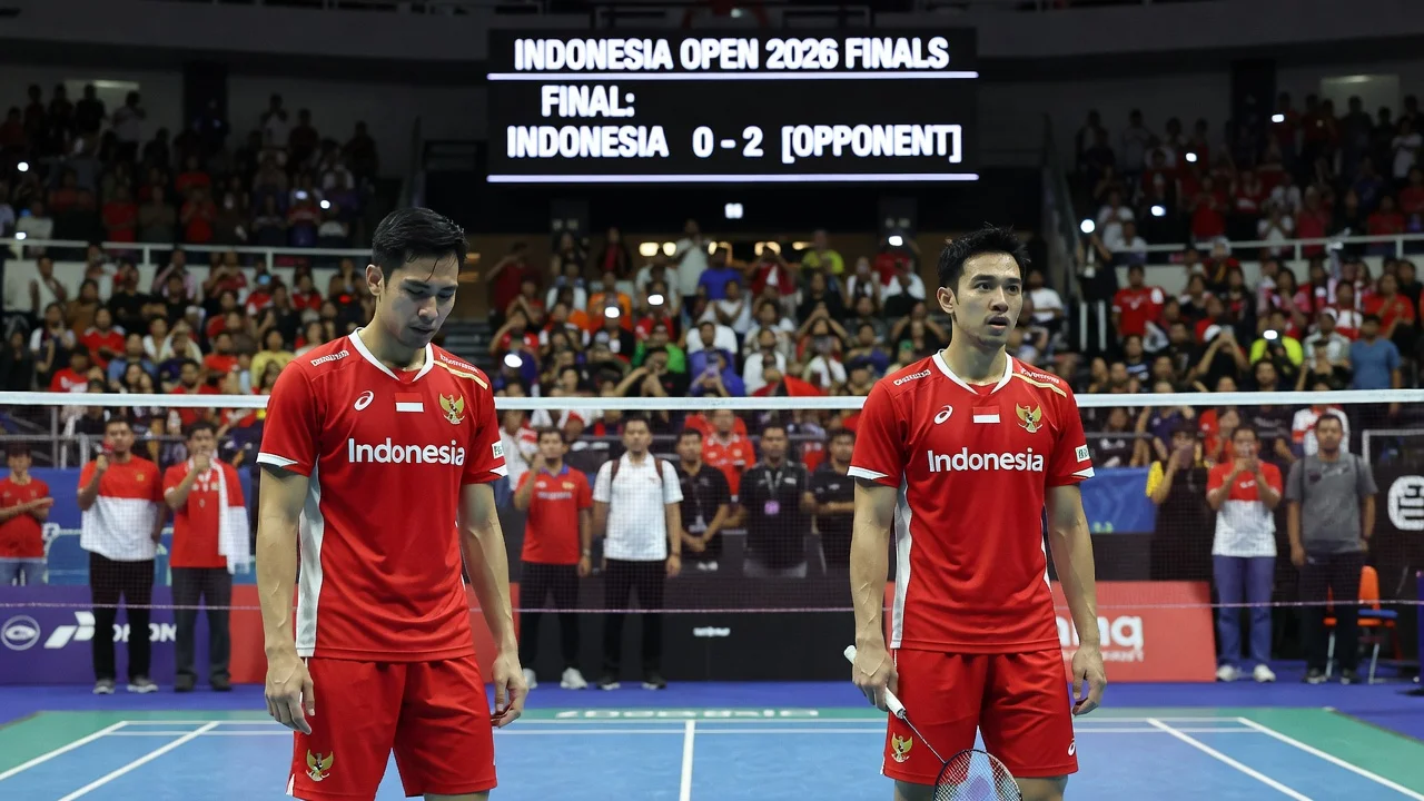 Indonesian badminton players dejected after losing the 2026 Indonesia Open finals