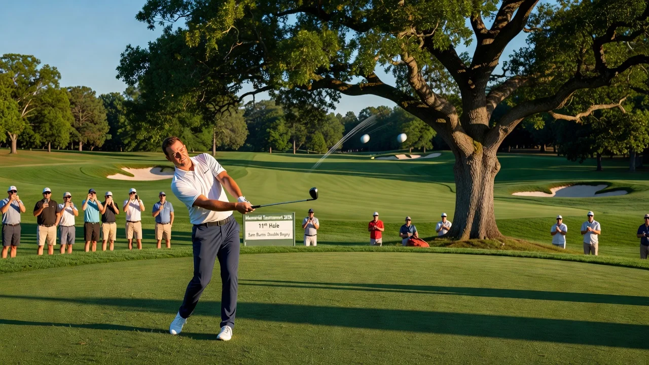 Sam Burns hitting the same tree twice with golf shots on the 11th hole at the 2026 Memorial Tournament.