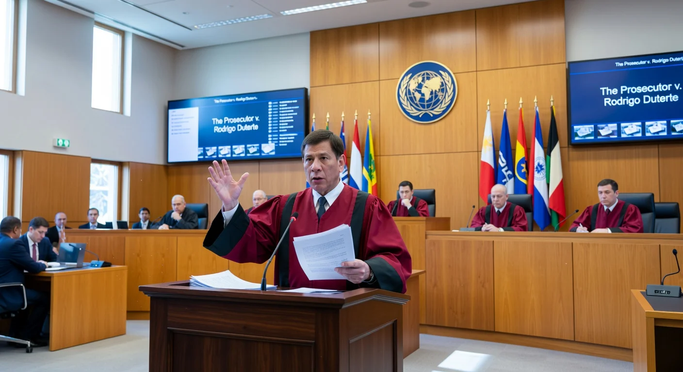 ICC courtroom scene: Defense lawyer Nicholas Kaufman challenges witness credibility during Duterte's hearing in The Hague.