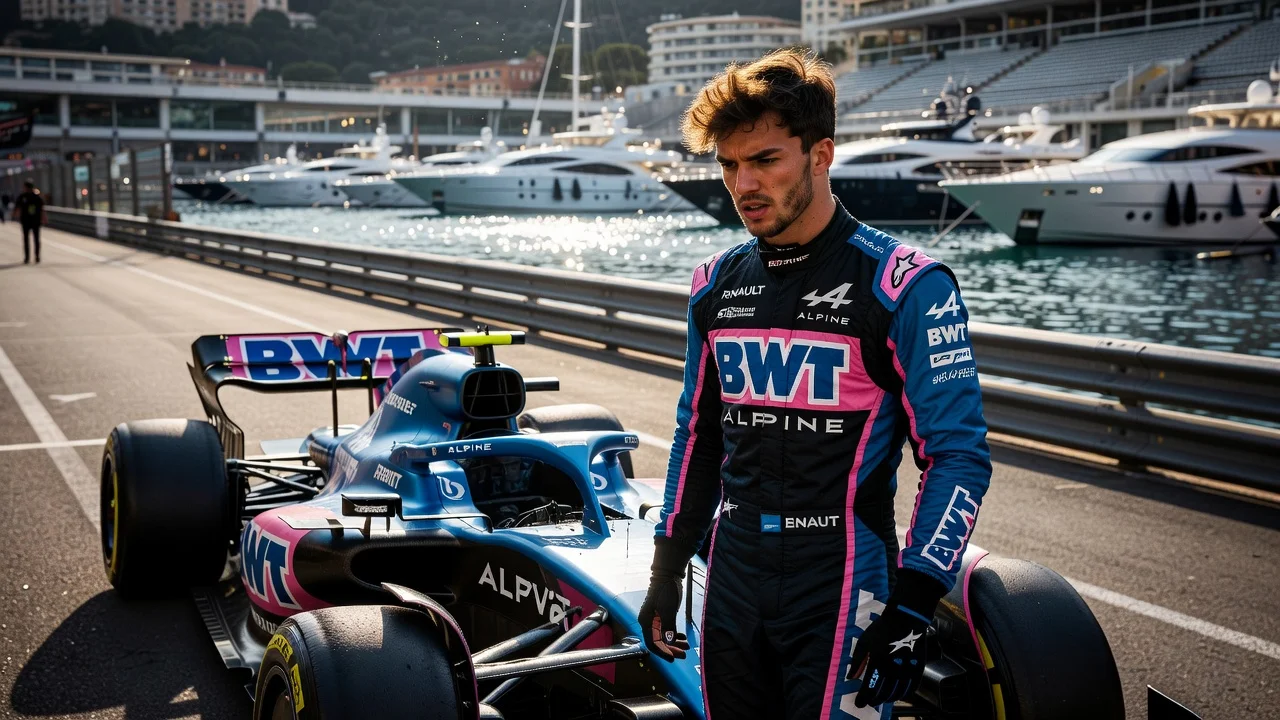 Pierre Gasly looking frustrated beside his race car at Monaco with harbor backdrop, for news illustration of penalties story.
