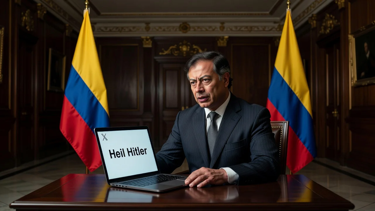 Illustration of Colombian President Gustavo Petro reacting to his controversial X post 'Heil Hitler' on a laptop in his office.