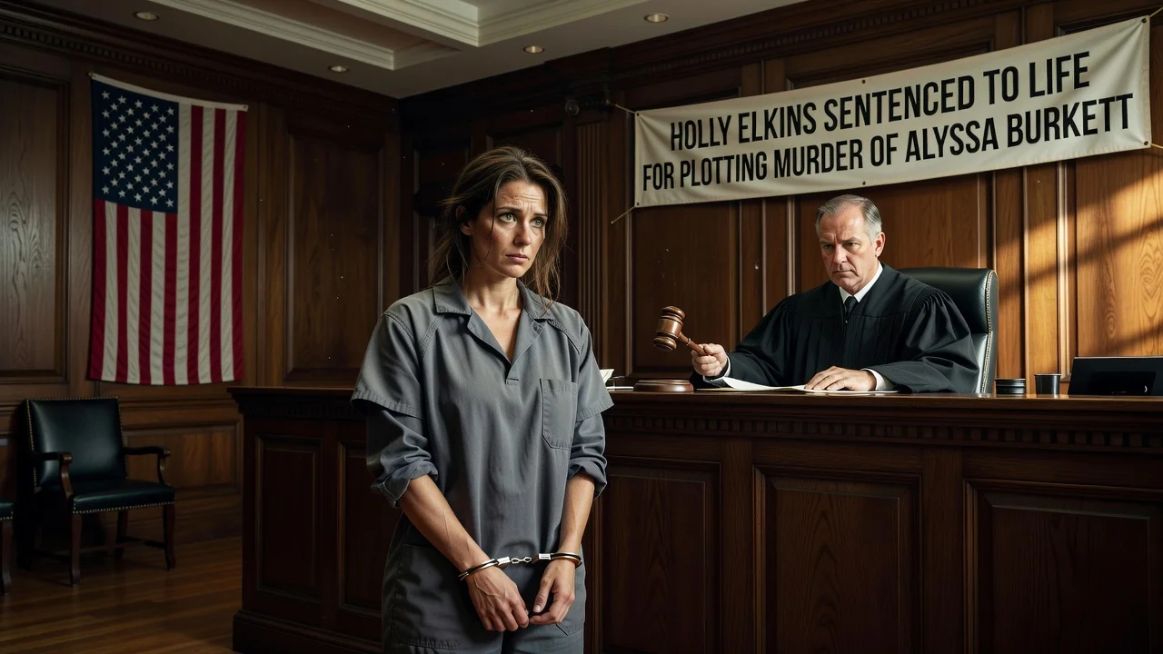 Illustration of Holly Elkins in a Texas courtroom during her life sentence for murder conspiracy.