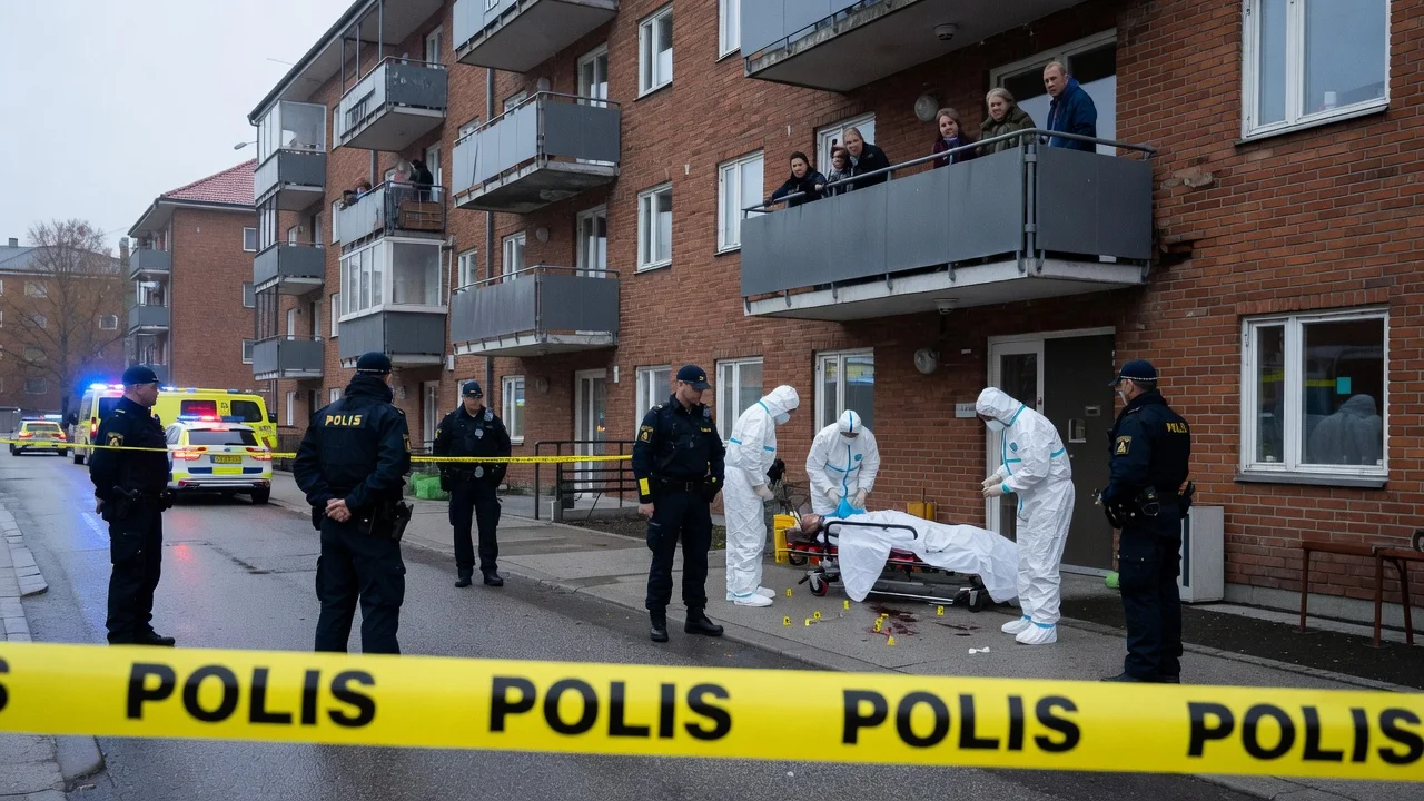 Police at a murder scene in an apartment building in Nydala, Malmö.