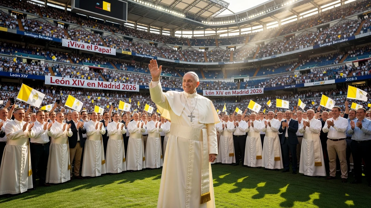 Pope León XIV waving to a large crowd at Bernabéu stadium