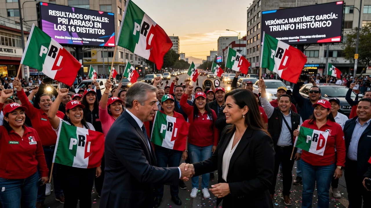PRI supporters celebrating election victory in Coahuila with concession scene between candidates.