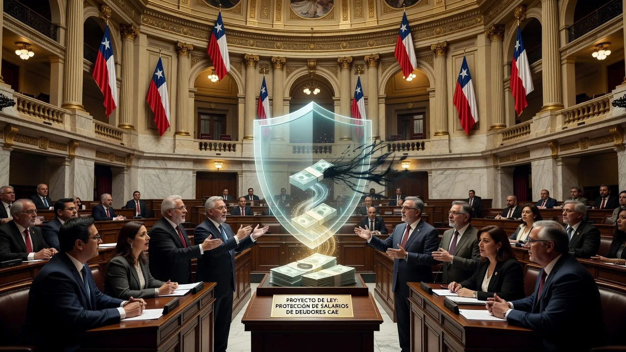 Illustration of Chilean deputies introducing a bill to protect CAE debtors' wages from seizures in a congressional setting.