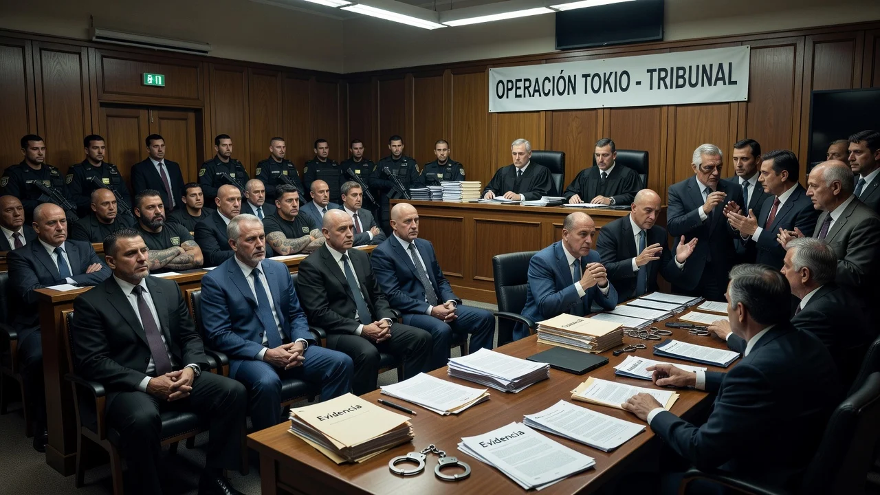 Courtroom scene from Operación Tokio with Tren de Aragua defendants and bank executives