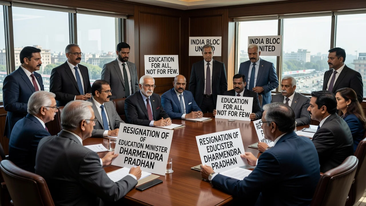 Opposition leaders from the INDIA bloc meeting to demand the resignation of the Education Minister.