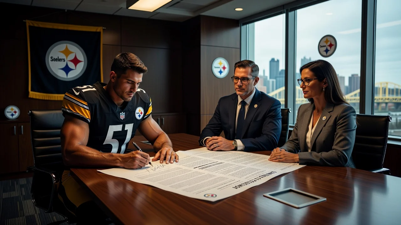 Nick Herbig signing his contract extension with the Pittsburgh Steelers.