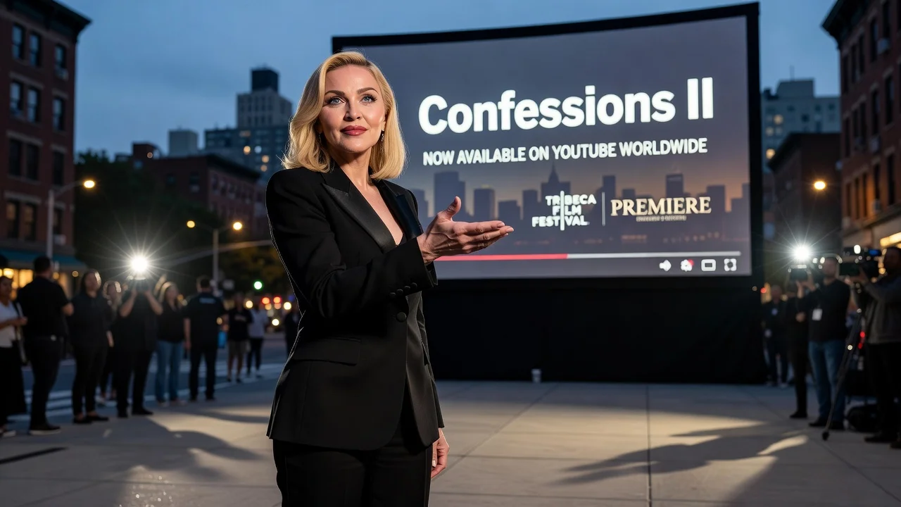 Madonna presenting her Confessions II film on YouTube at the Tribeca Festival in New York.