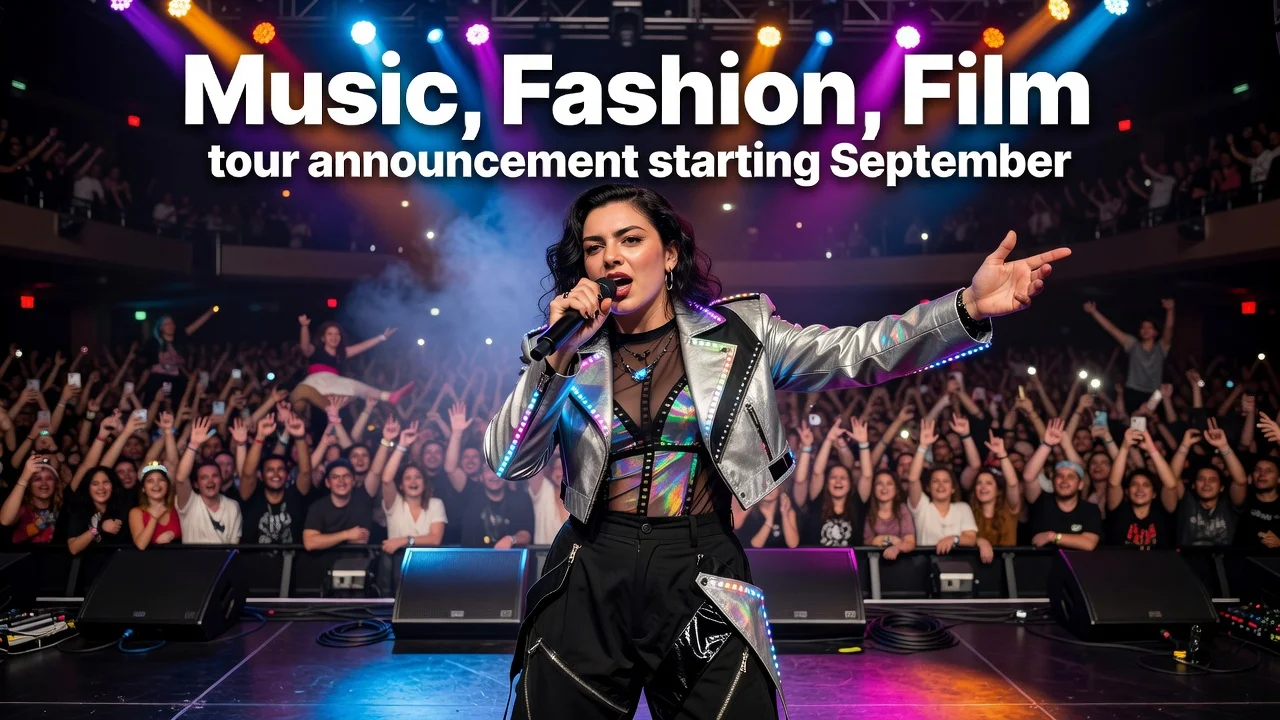 Charli XCX on stage announcing her tour for the album Music, Fashion, Film.