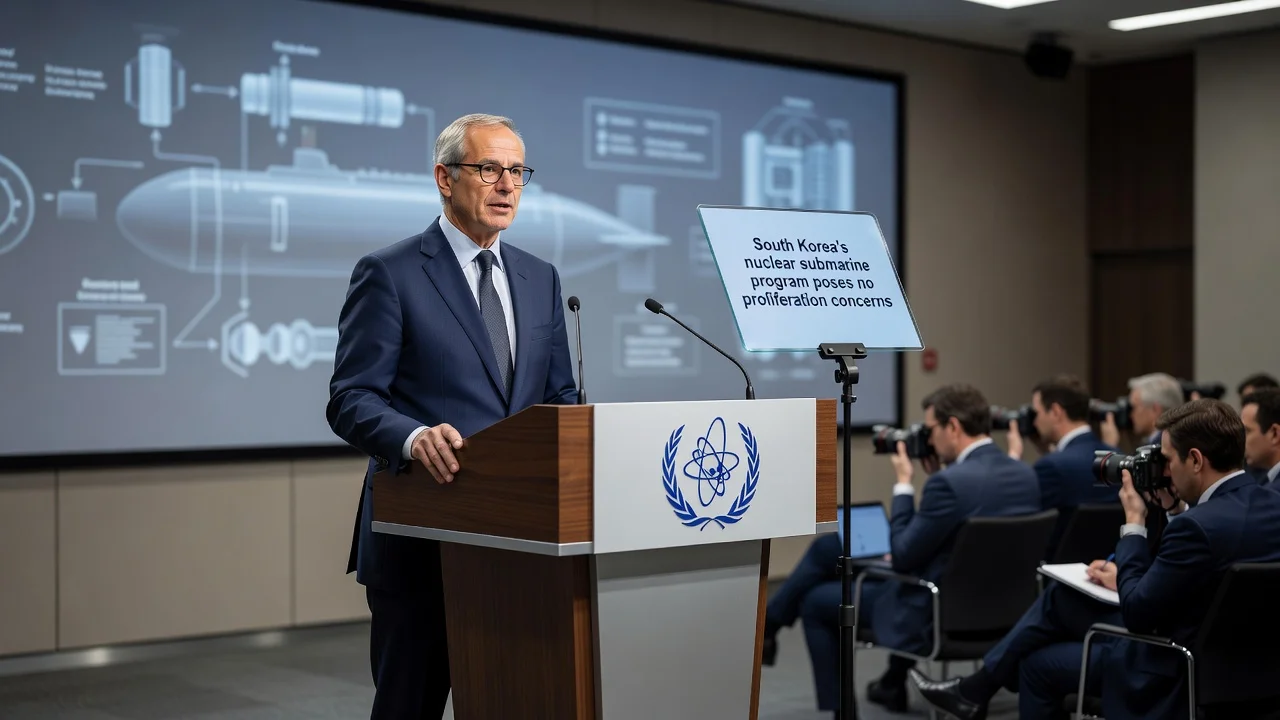 IAEA Director General Rafael Grossi speaking about South Korea's submarine program in Vienna.