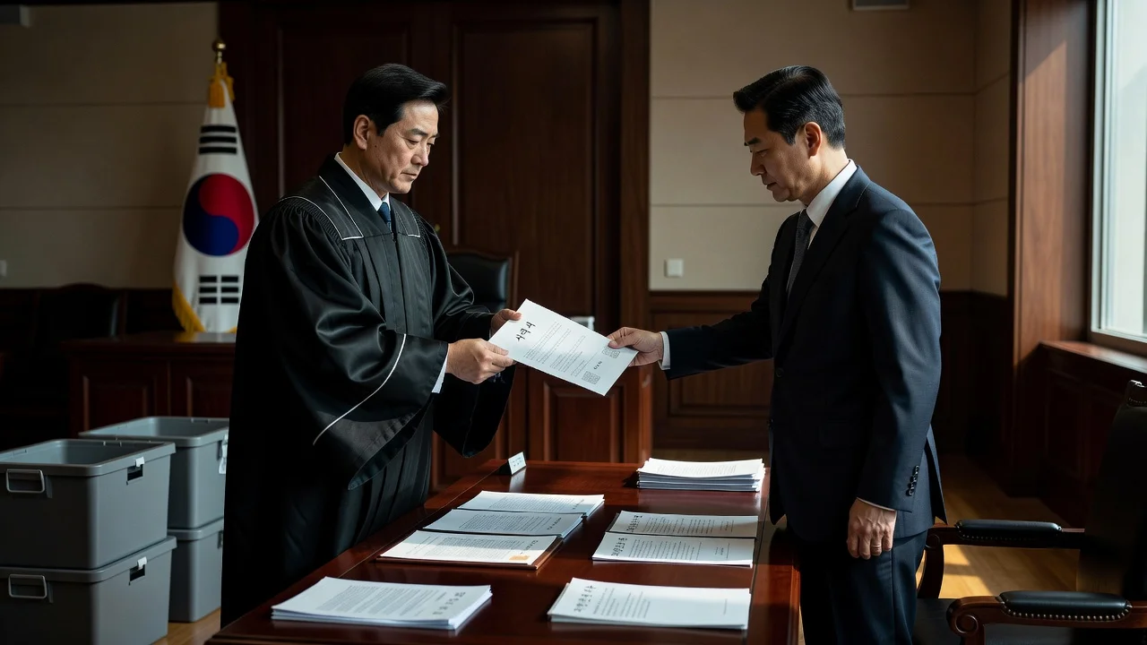 Illustration of the Supreme Court chief justice accepting the resignation of the election watchdog head following local election issues.