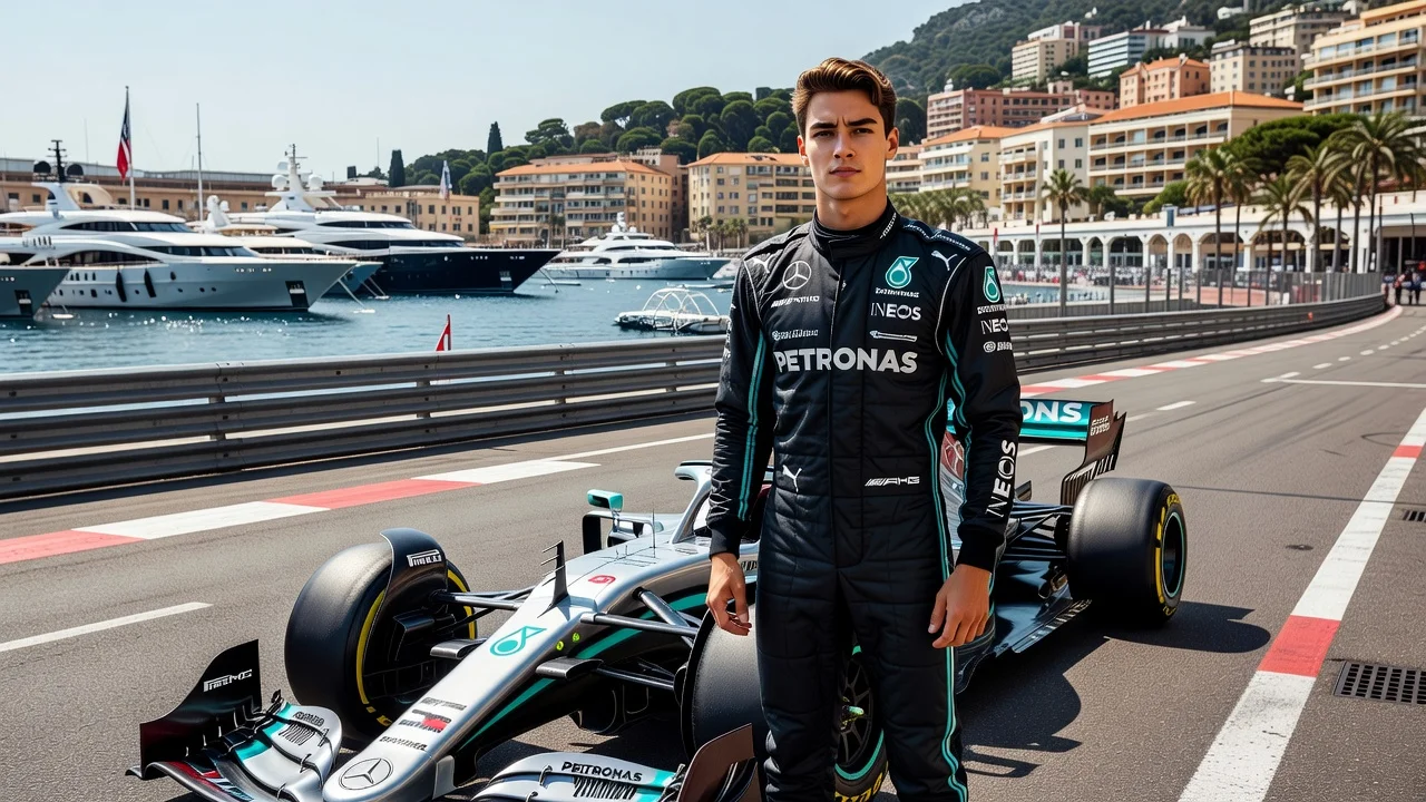 George Russell looking confident beside his Mercedes F1 car at Monaco