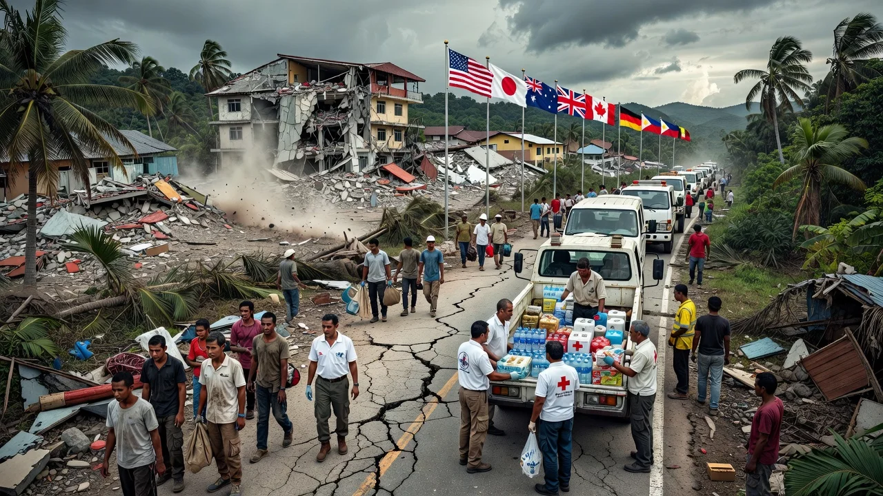 Illustration of earthquake damage in Mindanao with international aid workers providing relief, representing global support after the quake.