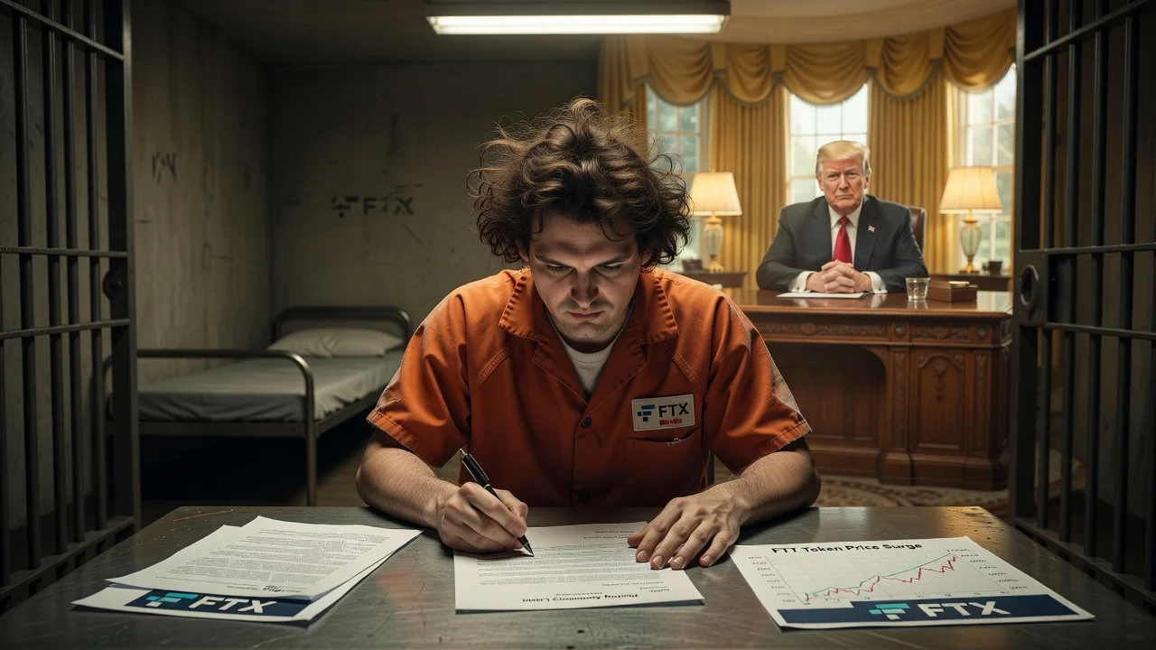 Illustration of Sam Bankman-Fried in prison applying for pardon from Trump, with FTT token chart.