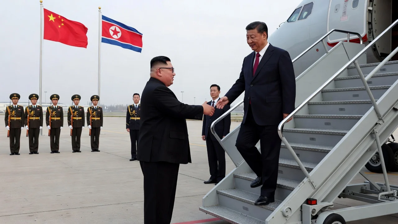 Chinese President Xi Jinping and North Korean leader Kim Jong Un shaking hands at Pyongyang airport during Xi's state visit.