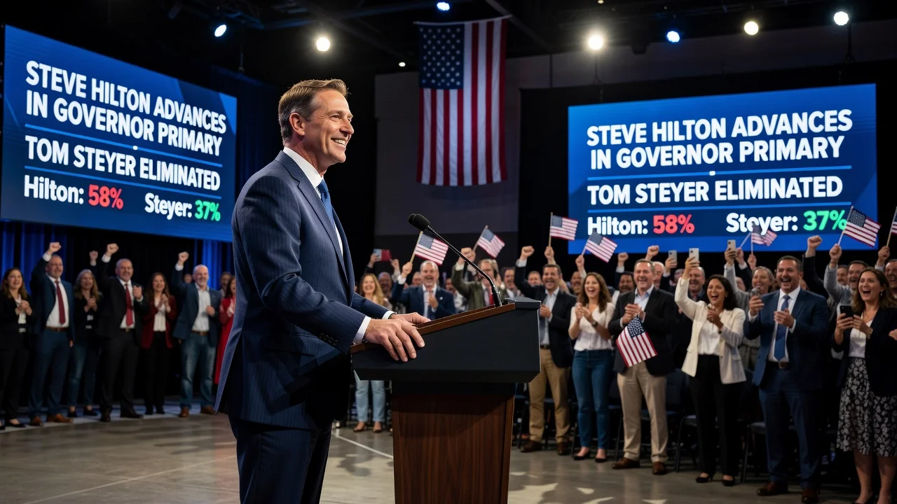 Steve Hilton celebrating election win at podium with screens showing primary results
