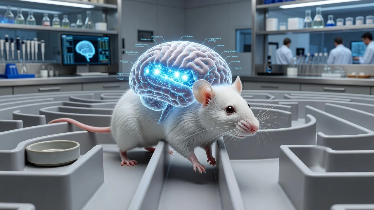 Illustration of a lab mouse with brain overlay showing acetylcholine bursts linked to habit switching.