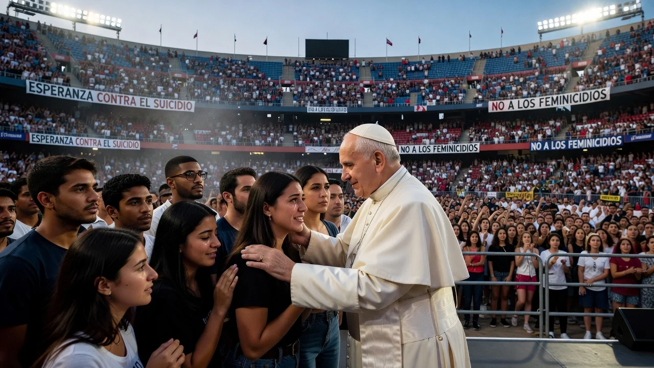 Pope León XIV consoling youths during a vigil at Montjuïc Olympic Stadium.