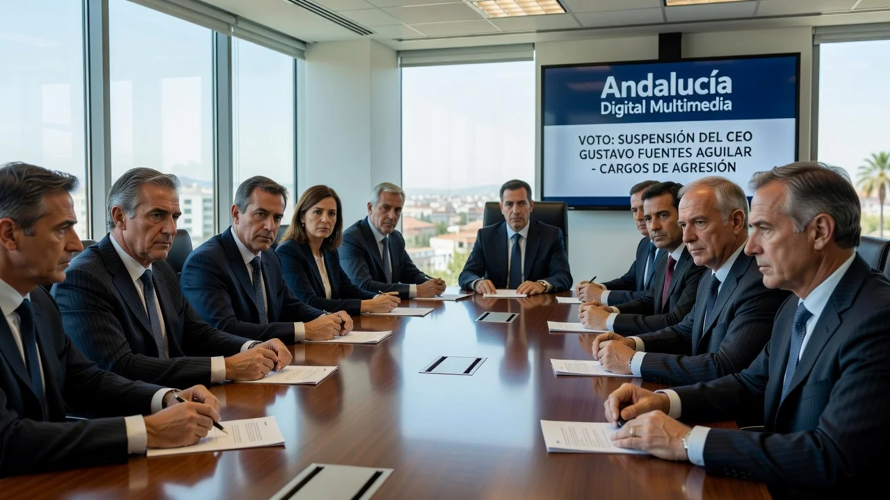 Board members of ADM deciding on the suspension of their CEO Gustavo Fuentes Aguilar in a corporate setting.