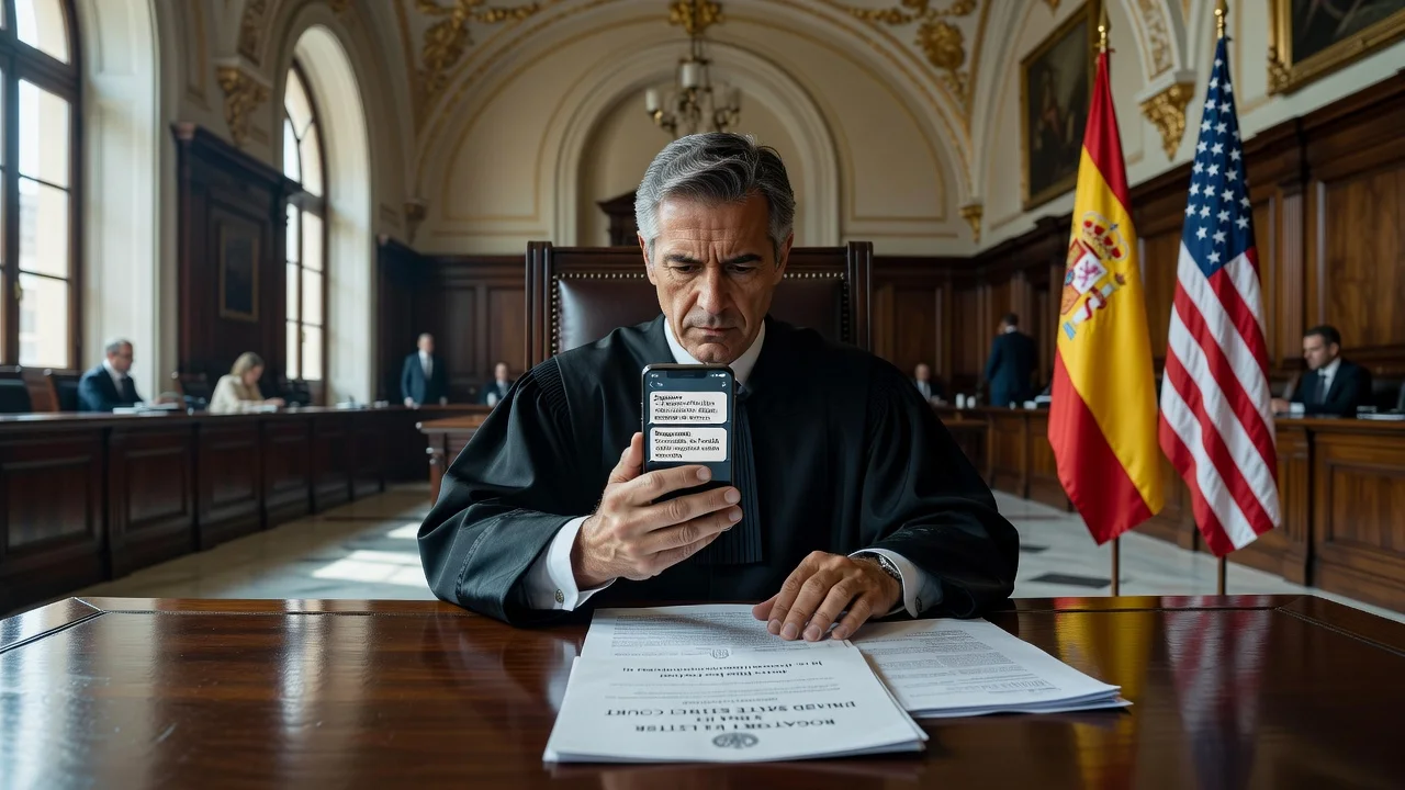 Judge reviewing digital evidence in courtroom for Zapatero case