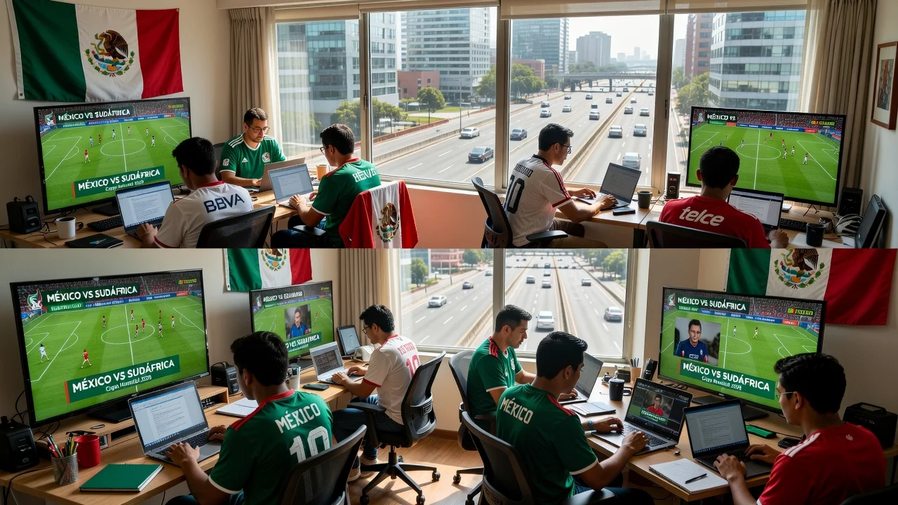 Photorealistic image of remote workers in Mexico City homes during the 2026 World Cup opening match, showing empty streets.