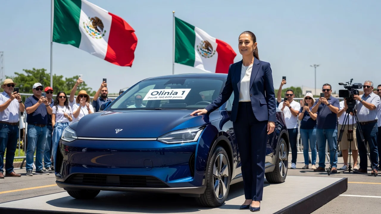 President Claudia Sheinbaum presenting the Olinia electric car at an exhibition.