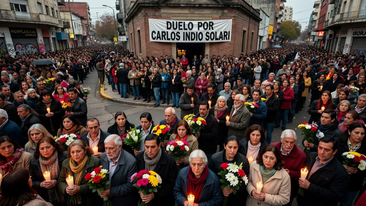 Massive crowd of mourners outside Indio Solari's funeral chapel in Avellaneda.