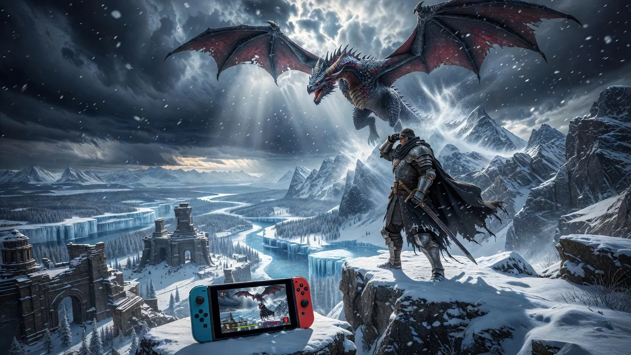 Illustration of a warrior in snowy mountains with a dragon and Nintendo Switch 2 for Dragon's Dogma 2 news.