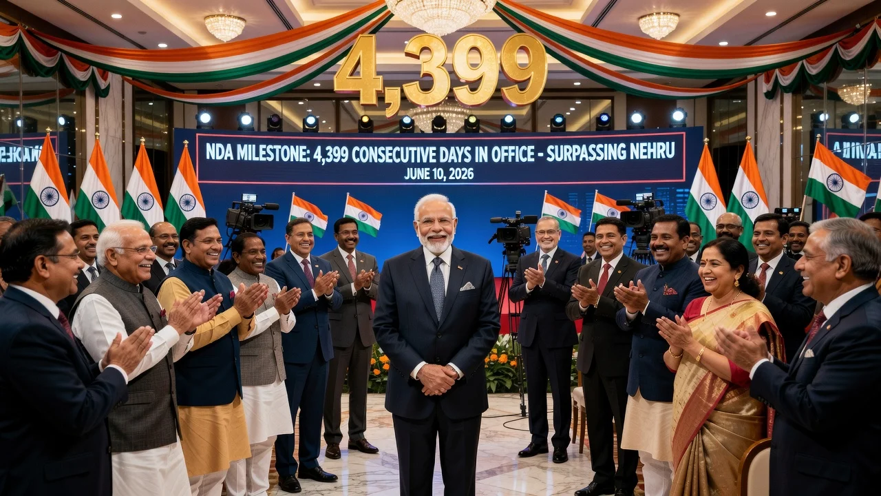 Illustration of PM Modi celebrating his record-breaking tenure as India's longest-serving elected prime minister with NDA leaders in New Delhi.