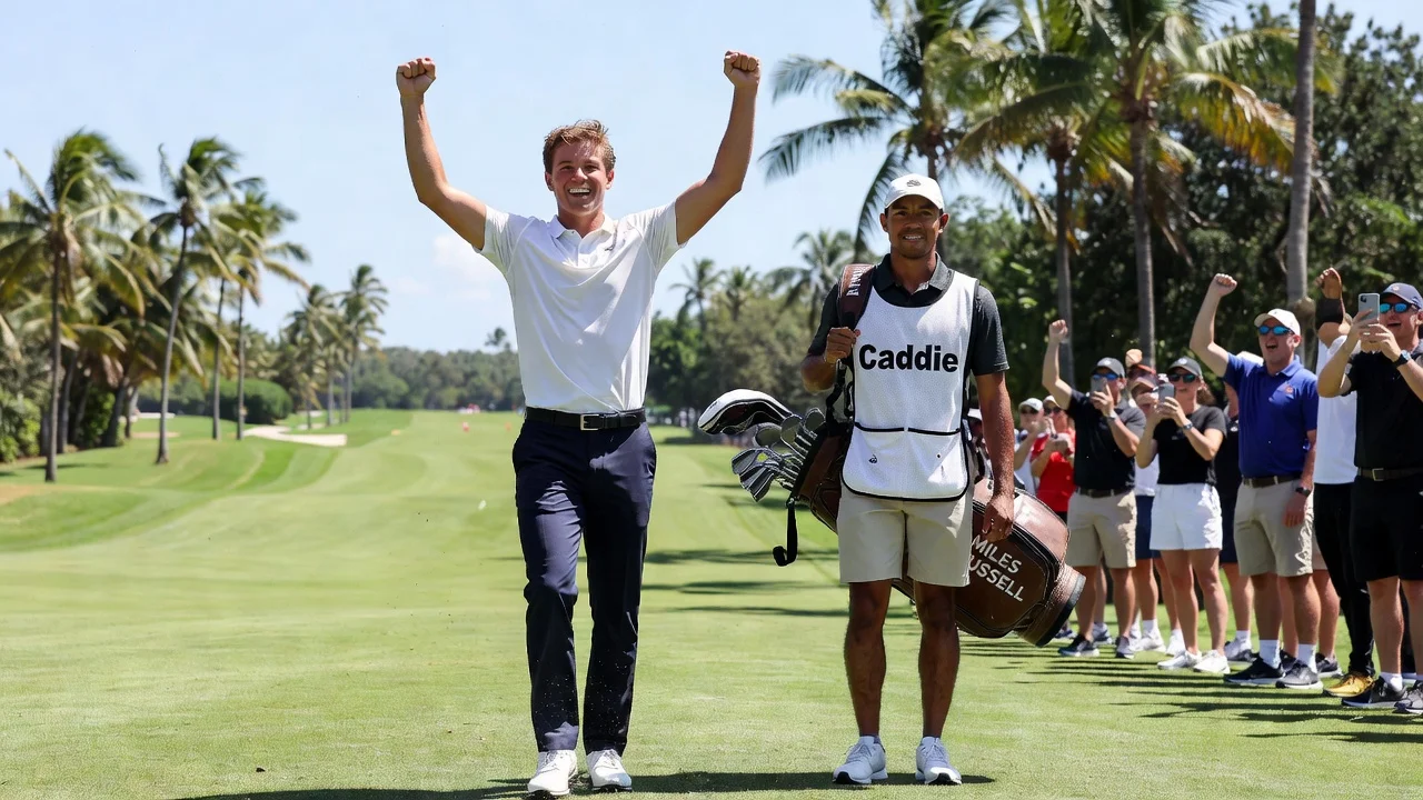 Miles Russell celebrating his qualification for the U.S. Open with caddie Charlie Woods on a Florida golf course.