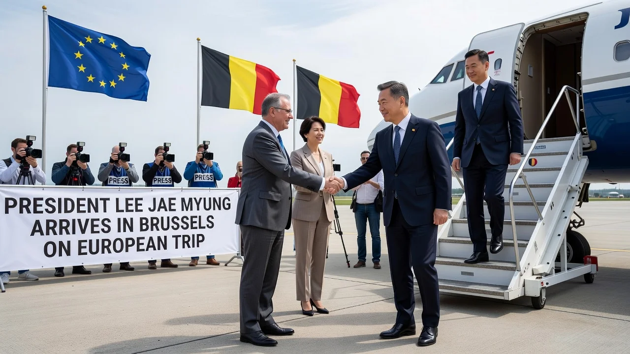 South Korean President Lee Jae Myung arriving in Brussels and greeted by officials with EU and Belgian flags in view.