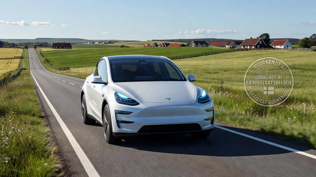 Illustration of a Tesla autonomous vehicle on a Danish road with approval elements for a news article about Tesla's FSD in Denmark.