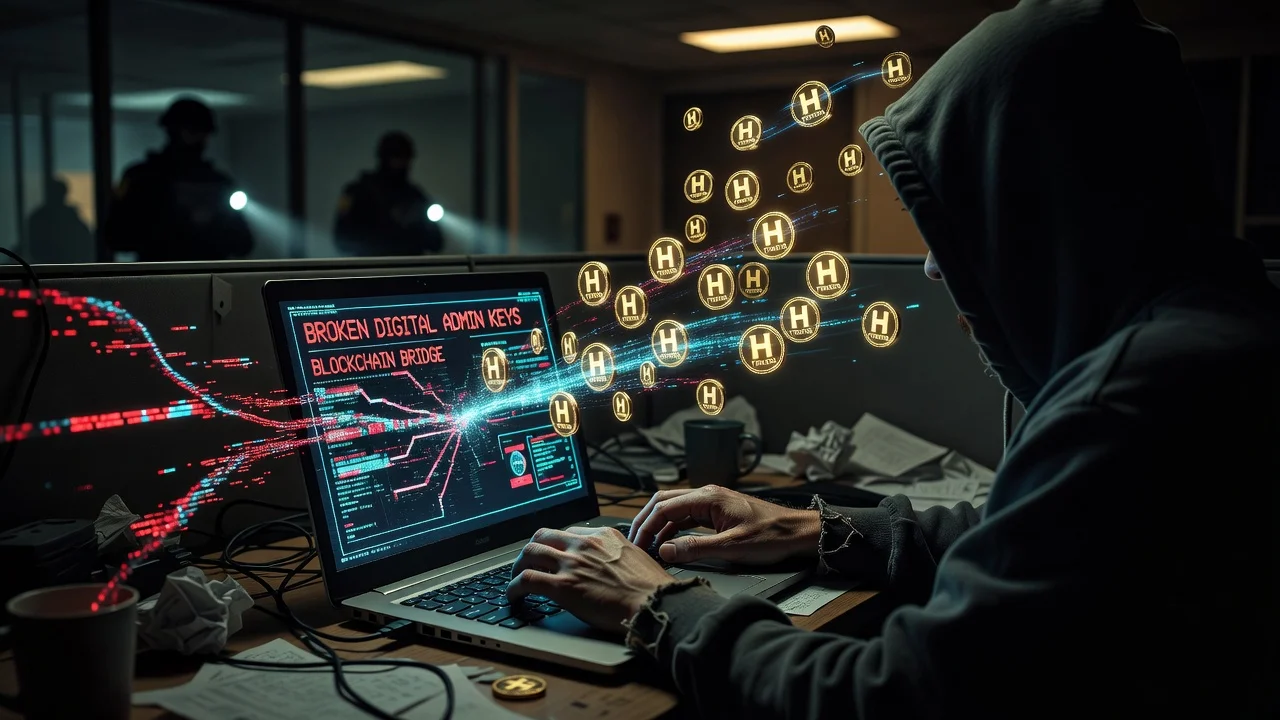Illustration of a laptop cybersecurity breach stealing cryptocurrency tokens from Humanity Protocol
