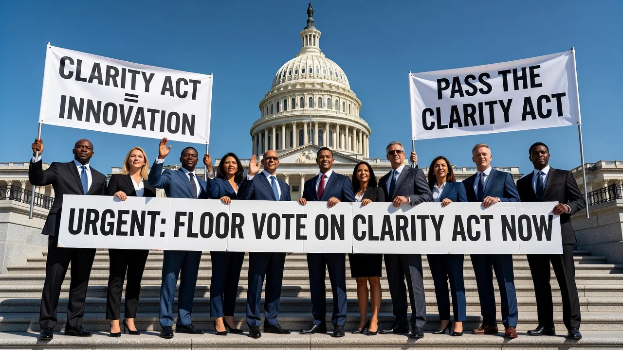 Crypto executives petitioning Senate leaders for CLARITY Act vote outside Capitol