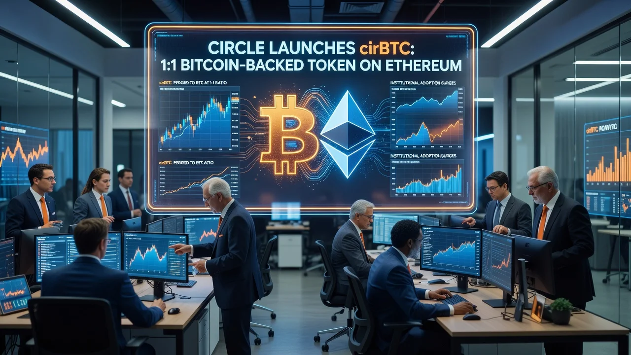 Illustration of Circle launching cirBTC wrapped Bitcoin on Ethereum for institutional DeFi collateral.