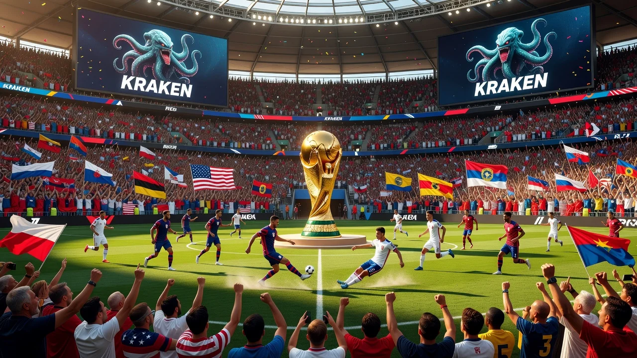 Photorealistic stadium scene highlighting Kraken's FIFA World Cup 2026 sponsorship with fans and logos.