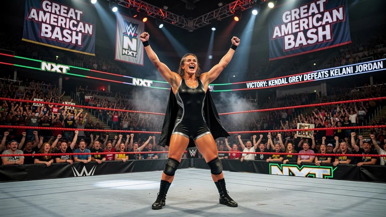 Kendal Grey celebrating her NXT victory in the wrestling ring